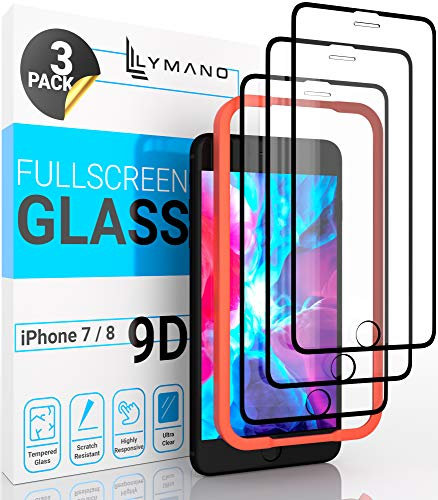 [3 Stück] LYMANO Panzer-Folie Glas Full Screen für iPhone 7 iPhone 8 Display-Schutzfolie Schutzglas Glass Protector [Anti Kratzer] [Blasenfrei] [Komplett Abdeckung] (4,7 Zoll) Schwarz (Black)