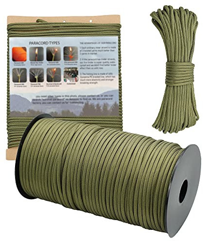 PSKOOK 550 Paracord 100m，31m，15m Rope 9+1 Strand with Fishing Line Traction Rescue Rope Tent Rope for Outdoor Hikes Camping DIY Necklace Bracelet Craft Making（15m，Army Green）
