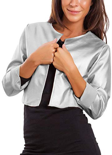 Toocool Kunstlederjacke - Damen - Kurzer Bolero ohne Reißverschluss, Silber [S]