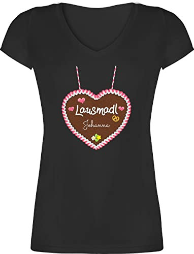 T-Shirt Damen V Ausschnitt - Kompatibel Oktoberfest - Lausmadl - Lebkuchenherz und Dein Name - Herzen Blümchen - L - Schwarz - Shirt Lebkuchen trachtenshirt Trachten lebkuchenherzen Tshirts