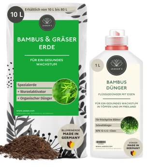 SPARSET Bambuserde 10 L & Bambus Dünger flüssig 1 L - Bambus Erde mit 100 Tage NPK Bambusdünger für kräftige Pflanzen - Luftig lockere Erde für Bambus & Gräser Arten mit Flüssigdünger