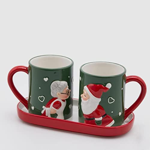 EDG Set 2 Tazze Bacio Babbo/Mamma Natale con Vassoio H12X25X12 in Ceramica Uso Alimentare Colore : Green/Red