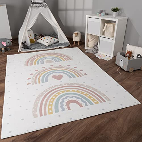 Paco Home Teppich Kinderzimmer Kinderteppich Spielteppich Kurzflor rutschfest Krone Herzen Punkte Sonne Regenbogen Buchstaben, Grösse:120x160 cm, Farbe:Rosa 2