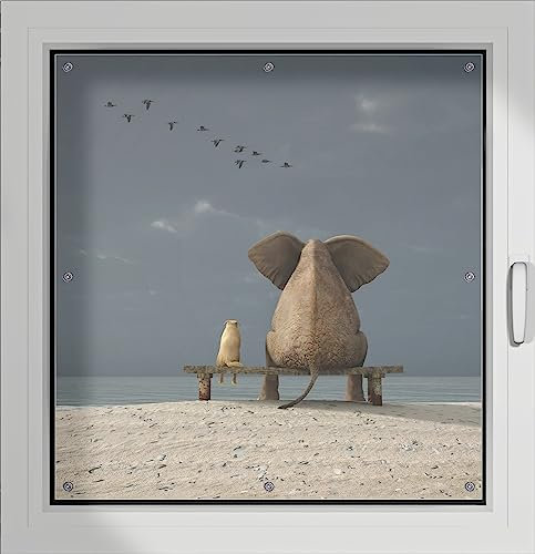 Wallario Lichtschutzbild, Dekorativer Sichtschutz Sonnenschutz 96 x 100 cm mit Motiv: Elefant und Hund sitzen auf Einer Bank - Verdunklungsrollo ohne Bohren
