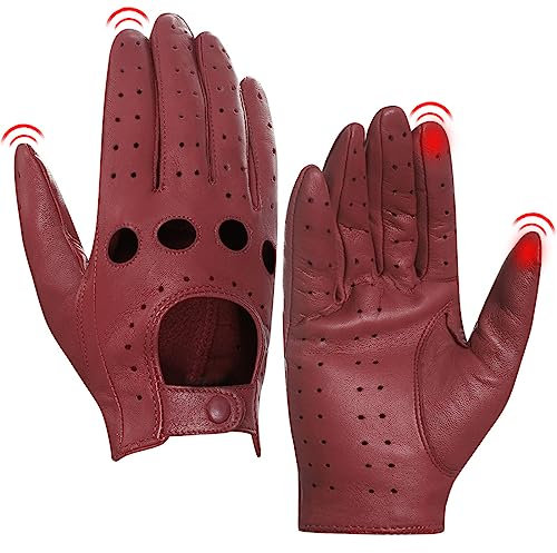 Harssidanzar Damen Leder Fahrhandschuhe, Lammfellhandschuhe, Sommer Leder Touchscreen Fahrhandschuhe, ungefüttert, Lammfellhandschuhe, Damen Lederhandschuhe GL009EUA,Burgund,Größe S
