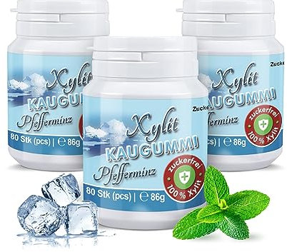 Xylit Kaugummi | Tschüß Karies: 240 zuckerfreie Zahnpflegekaugummi mit 100% Xylit, ohne Aspartam, vegan | Pfefferminz (3er Pack)