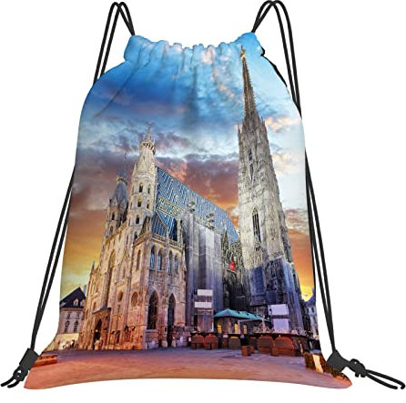 Rucksack mit Kordelzug,Wien Wien Außenansicht Stephansdom St Europa Stephens Österreich Stephansplatz Sehenswürdigkeit,Kordelzug-Sackpack für Sport, Yoga, Reisen, Cinch-Tasche mit Reißverschlusstasche