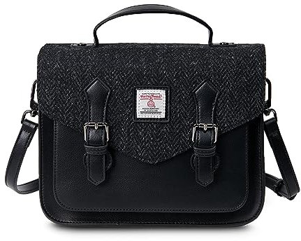 Islander® The Calton Satchel Damen-Umhängetasche mit Harris-Tweed, Größe S und M, Schwarzes Fischgrätenmuster, Medium