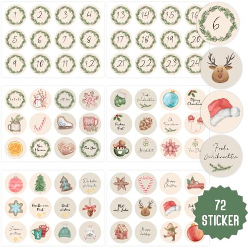 Aufkleber Weihnachten Rund | 72 Sticker Adventskalender Zahlen | Weihnachtsaufkleber Skandinavische Weihnachten | Aufkleber Weihnachtskalender Geschenke (Skandi Style)