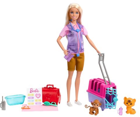 BARBIE Tierrettungsspielset - Barbie-Puppe mit Tiger und Äffchen, Transportbox mit funktionierender Tür und Griff, Zubehör für Geschichtenerzählen, abenteuerlicher Rollenspielspaß, HRG50