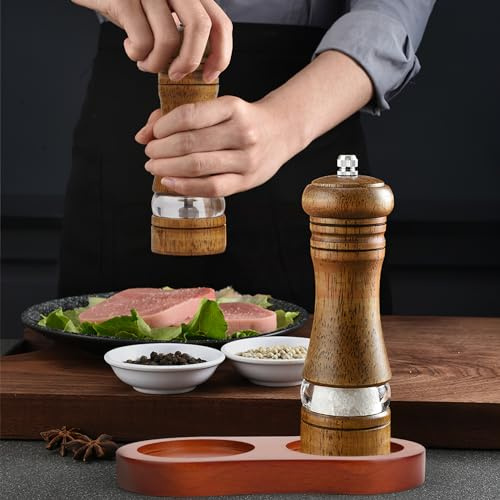 6 Inches Wooden Pepper Grinder Kit with Tray, Adjustable Coarseness Salt and Pepper Grinder Set, Manual Mill Pepper Grinder Spice Grinder for Professional and Home Kitchen Grindee Use