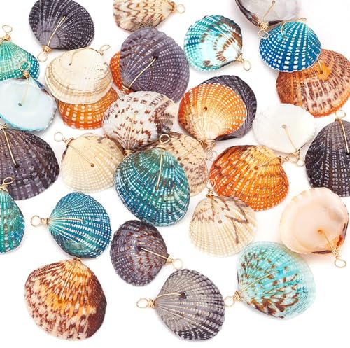 PH PandaHall 32 Stück Natürliche Muschelanhänger 4 Farben Jakobsmuschel Anhänger Gefärbte Strand Muscheln Charms Gefärbte Sommer Muschel Anhänger Verpackt Für Armbänder Meerjungfrau Schmuck Basteln