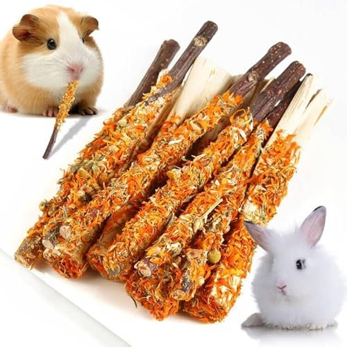 Abizoo Kaninchen Spielzeug Kauspielzeug,6 pcs Natürlich Apfelholz+4 pcs Bambus Sticks Kauen Kamille Blütenblatt für Kaninchen, Hamster, Meerschweinchen, Chinchilla Leckerli Kauspielzeug