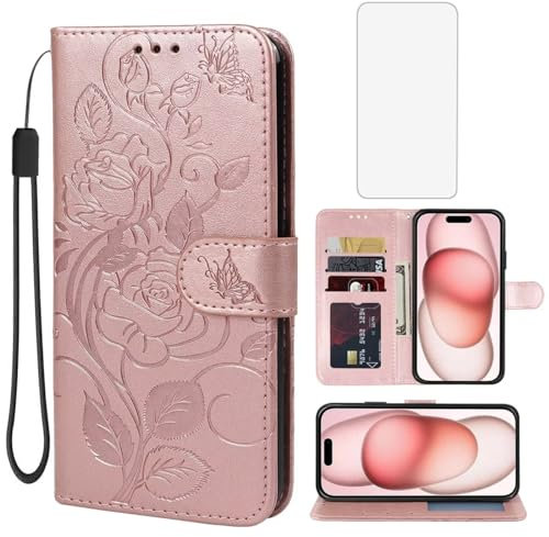 Yerebel Custodia per iPhone 15 Case 6.1, Apple 15 con Vetro Temperato Integrato, custodia a portafoglio in pelle con porta carte di credito e supporto Cover per iPhone 15 Rosa Oro