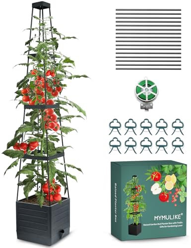 MYMULIKE Jardinière surélevée avec treillis, cage à tomates, lit de jardin surélevé avec treillis pour grimper, légumes, plantes, cage à tomates avec auto-arrosage, utilisation en intérieur et en