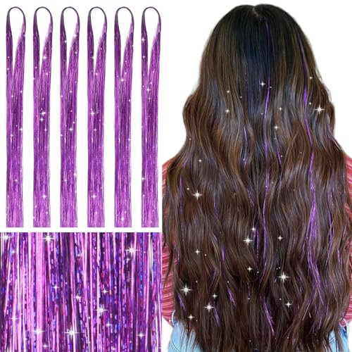 WENNALIFE Pennello per Capelli Viola Chiaro, 120 cm, Tinsel 1200 Ciocche, Set di Brillantini per Festival, Feste e Ragazze