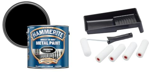 Hammerite Direct to Rust Metal Paint - Smooth Black Finish 2.5L & Fit For The Job 7 pc Foam Mini Paint Roller Set for Painting with Gloss & Satin