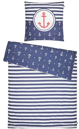 SCHIETWETTER Sonstiges Bettwäsche Anker & Streifen 135x200, 2teilig Bettbezug, Kissenbezug, Bettwäsche-Set, maritimer Wendebezug, 100% Baumwolle