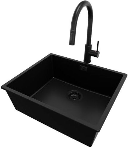 PRIMAGRAN Granitspüle ab 60er Unterschrank + Küchenarmatur, 56x47cm | Set: Küchenarmatur BW9010 + Ablauf-Set (Siphon, Ablaufgarnitur, Überlauf) + Spülbecken 1 Becken - London Slim, Alles Schwarz