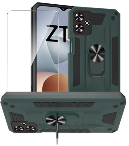 MIBZOR Cover Compatibile con ZTE Blade A73 4G (6.6), 1 Verde Case e 1 Pezzi Vetro Temperato Pellicola Protettiva, PC + TPU Custodia Antiurto con Staffa Ruotabile a 360°