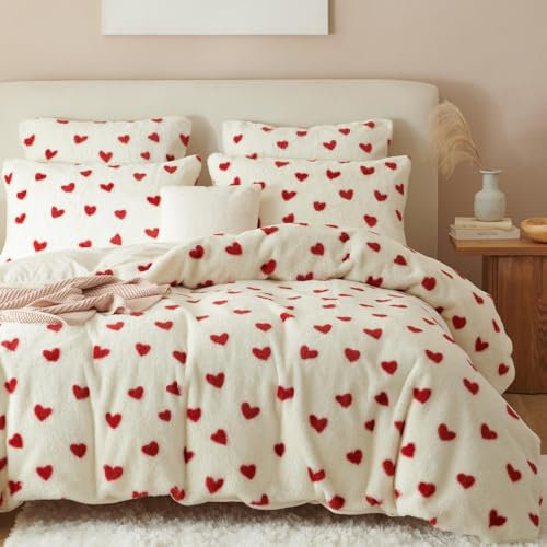 Freyamy Plüsch Bettwäsche Set 135x200 4Teilig Rot Weiß Herz Liebe Kunstpelz Flauschig Winterbettwäsche Flanell Samt Biber Warm Deckenbezug 2 Bettbezug mit Reißverschluss und 2 Kissenbezug 80x80cm