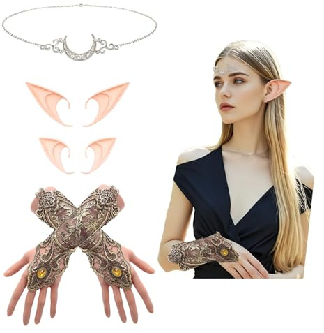 Lufdegim Elfen-Set Mond-Stirnband Goldene Handschuhe Vintage-Spitzenhandschuhe Elfenohren Lange Kurz Engelsohren Cosplay Karneval Halloween