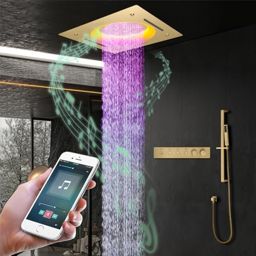 Duschsystem,Gold Regendusche Duschset,Duschsystem Mit Thermostat,Die 550x550 mm große Kopfbrause verfügt über,LED-Lichtern und Musik,Goldenes Duschstangenset,Regendusche mit armatur,Unterputz Dusche
