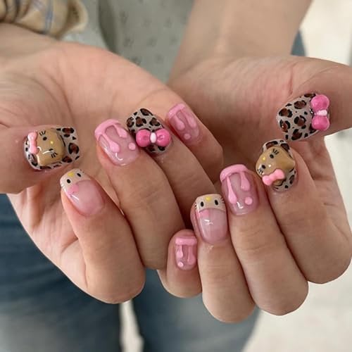 DMQ French False Nails Short, 24Pcs Cute Hello Cat Press on Nails, Square Leopard French Fake Nails, Full Cover Stick on Nail Removable Glue-on Nail for Women Girls Nail Art DIY