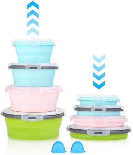 LEAZZLE Faltbare Frischhaltedosen,4PCS Silikon Tragbare Faltbare Schüssel Camping Runden,Schüssel Faltbar mit Deckel,Faltbare Schüssel für Camping Wandern Küche Schule Freien(350ML+500ML+800ML+1200ML)