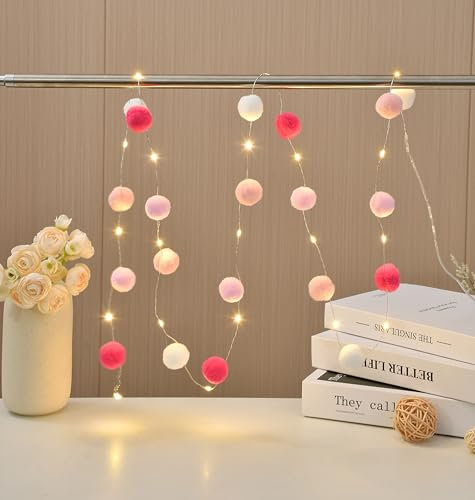 FLCSIed 6.56Ft 20 led Copper Lights with Pom-poms Fairy Light Powered by 2AA Battery for Bedroom, Valentine's Day, Wedding, Party, Christmas, Home Decor (Rose Pink)