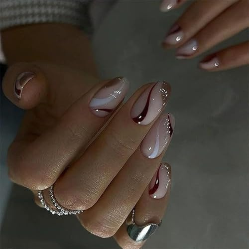 24STK Kurz Almond Press on Nails Nude Rosa Künstliche Nägel Braun Weiß Swirl Fingernägel zum Aufkleben Klebe Nägel Set Acrylnagelspitzen Damen Frühling Sommer Nagel Zubehör