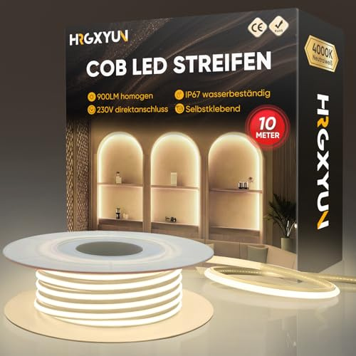 HRGXYUN 230 V COB Cinta LED exterior, 240 LEDs IP67 impermeable autoadhesiva, tira LED 900 LM sin transformador flexible para dormitorio, cocina, exterior, decoración, 4000 K, color blanco neutro, 10