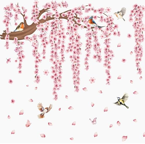 Wandtattoo Rosa Kirschblüte - Groß XXL Rosa Baum Ast Wandaufkleber, Pastell Wandsticker Blumen Wandtattoo Hängende Blumen Blüten Vögel auf Baum Wandsticker für Wohnzimmer Schlafzimmer Sofa Hintergrund