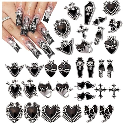 CharmeFleur Y2K 3D Chrome Gem Nail Charms Black Gothic Set with Cross Heart Tombstone Red Retro Designs DIY Bracelet Charms Black Black
