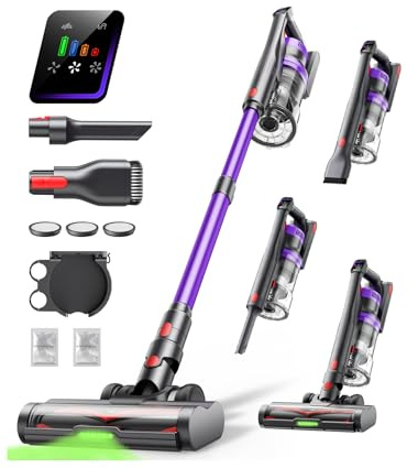 Powerffy Kabelloser Staubsauger, 600 W, 50 kpa Stabstaubsauger mit 65 Minuten wiederaufladbarem Akku, Anti-Tangle-Bürste, eingebaute Aromatherapie, Handstaubsauger für Zuhause/Tierhaare/Teppiche/Böden