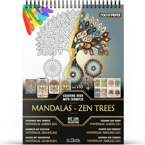 In Textu Livre de Coloriage Adulte Mandalas Arbres Zen, Papier 200 g/m² | Reliure spirale, A4, qualité premium, 30 dessins, 300 modèles couleur, pour crayons et marqueurs Acrylique|Alcool|Eau