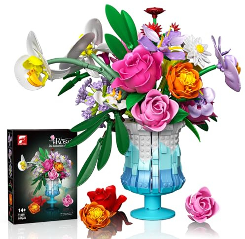 Gohero Lot de 956 blocs de construction, bouquet de fleurs artificielles avec vase, kit d'arrangement de roses pour adultes, 14 ans et plus
