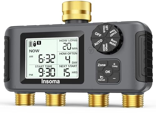 Insoma 4 Zonen Sprinkler-Timer mit Messingeinlass & -auslass, Wasser-Timer für Gartenschlauch mit Auto/Manuell/Regenverzögerungsmodus, Schlauch-Timer für Bewässerung, Bewässerungssystem für Hof, Rasen