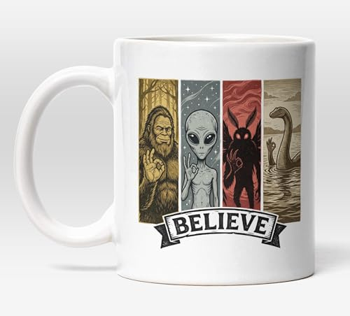 Millhouse Prints Believe Cryptid Mug – Bigfoot Alien Mothman Loch Ness Coffee Cup – Paranormal Art – 11oz Ceramic