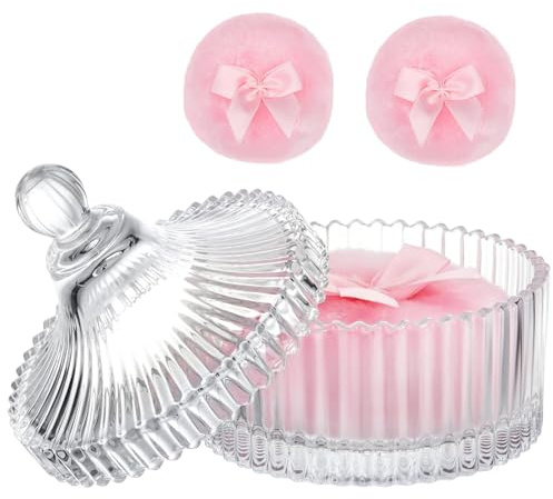 Crystal Powder Compact Set (comprenant un étui en verre et deux houppes) peut être utilisé pour contenir de la poudre corporelle ou du talc, ou bien pour stocker des bonbons, des colliers et d'autres