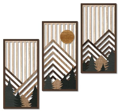 Rongxze 3 Stück Boho Holz Wanddeko, 40 x 20 cm, Berg Wald Sonnenuntergang | Gerahmte Wandkunst,Wanddekoration Für Wohnzimmer Schlafzimmer Flur, Landhaus-Stil