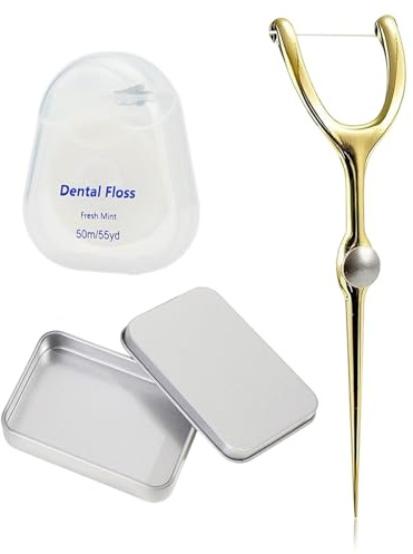 DAFNE 1 ensemble de bâtons de fil dentaire en métal et cure-fil dentaire – Kit de support de fil dentaire réutilisable avec étui portable, outil de soins bucco-dentaires pour voyage, or