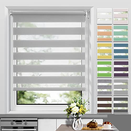 Allesin Doppelrollo Klemmfix Rollos für Fenster ohne Bohren, Klemmrollo Duo Rollo mit Bohren, Fensterrollo innen, lichtdurchlässig, Sichtschutz und Sonnenschutz, 60x120cm (BxH), Grau