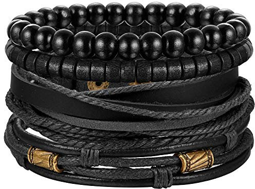 Finrezio Armband Holz Perlen Leder Armbänder Set für Herren Damen Geflochtene Leder Armbänd Vintage Punk Schwarz
