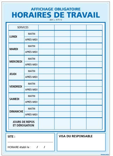 Panneau Horaire de Travail - Protection Anti-UV - Dimensions 210x300 mm - Plastique Rigide PVC 1,5 mm
