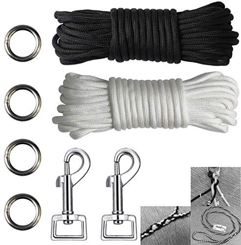 aufodara 8 Stücke Flechten Hundeleine DIY Set - 2X Karabinerhaken - 4X Metall Ringe - 2X 7Meter Nylonseil 7 Kern-Strängen (Für kleine Hunde bis 16 kg, schwarz weiß)