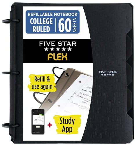 Five Star Flex Refillable Notebook + Study App, College Ruled Paper and 1 Inch TechLock Ring Binder with Pockets, Tabs and Dividers, 200 Sheet Capacity, Black (29328AA2)