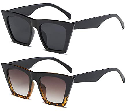 Dollger Vintage Square Cat Eye Sunglasses Women Oversized Fashion Trendy Style Sunglasses (Black+Leopard)