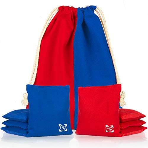 Professionelle Cornhole Bags – Set von 8 regulären Allwetter-zweiseitigen verbesserten Sitzsäcken für Pro Maisloch-Spiel – 4 rot & 4 blau
