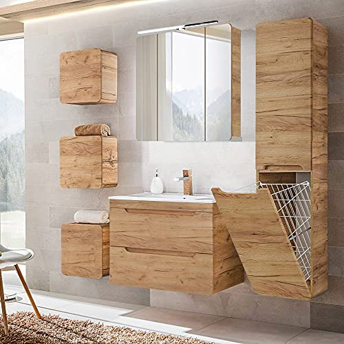 Lomadox Badmöbel Komplettset Eiche, Keramik Waschtisch mit Untererschrank, LED-Spiegelschrank, Hochschrank mit Wäschesammler, 3 Hängeschränke